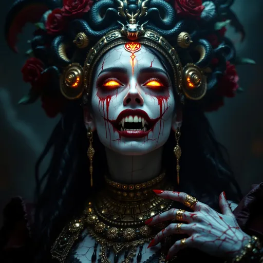 Prompt: Full-body hyperrealistic nightmare portrait of "La Reina de Sangre y Sombras" — The Queen of Blood and Shadows. A stunning, terrifying vampiric goddess of Aztec myth and horror. Her cracked porcelain skin gleams under crimson and gold cinematic lighting, deep hairline fractures glowing with faint blood-red energy.   Her brilliant white canine fangs drip with blood.   

Her face is adorned with intricate Día de los Muertos makeup, now mixed with ritual Aztec blood markings, dripping from her eyes like sacred tears. Her wide, predatory golden eyes glow fiercely with unnatural light. Her expression is calm, regal, and merciless — a predator in the skin of a goddess.

Her headdress is an immense and surreal structure of blood roses, black serpents, golden Aztec symbols, and worn obsidian shards, twisting like a living crown. Aztec ceremonial jewelry — ornate earrings, a bloodstained golden choker, arm cuffs, and clawed rings — covers her.

She wears tattered Gothic-Victorian battle robes, layered with crimson and black silk embroidered with death glyphs and ancient curses. Pieces of ritual Aztec armor are fused into her outfit — a sun disk on her breastplate, blood moon sigils on her belt and gauntlets.

Background: a surreal shattered world of decaying Aztec temples and Gothic cathedrals merging into a blood-red and blackened sky. A dying sun or blood moon hangs behind her, illuminating the mist with faint green and gold. The air is thick with smoke, blood mist, and echoes of ancient war drums.

Mood: Sovereign horror. Majestic, beautiful, horrifying. An ancient and irresistible nightmare — magnetic power, bloodlust, and glory intertwined. Rich saturated colors, high sharp contrast, hyper-detailed textures, cinematic fantasy-horror aesthetic.
