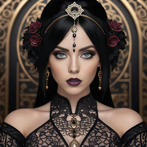 Prompt: wide angle view Portrait of a beautiful goth woman, dark black hair, dark red flowers in her hair, tattoos, piercing, lace, and satin, ,  perfect detailed face, detailed symmetric hazel eyes with circular iris, princess eyes, realistic, stunning realistic photograph, 3d render, octane render, intricately detailed, cinematic, trending on art station, Isometric, Centered hiper eallistic cover photo, awesome full color, hand drawn, dark, gritty, klimt, erte 64k, high definition, cinematic, neoprene, portrait featured on unsplash, stylized digital art, smooth, ultra high definition, 8k, unreal engine 5, ultra sharp focus, intricate artwork masterpiece, ominous, epic, trending on artstation, highly detailed, vibrant