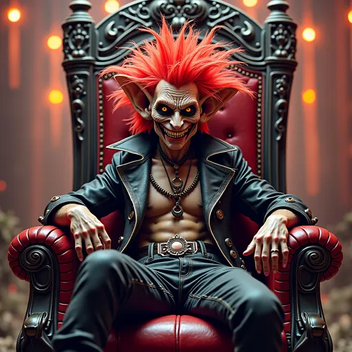 Prompt: vicious goblin king sitting on a throne, make the theme 1980's Punk and Urban Decay  and give the king a Punk Rocker fae look. Style his face on Ziggy Stardust