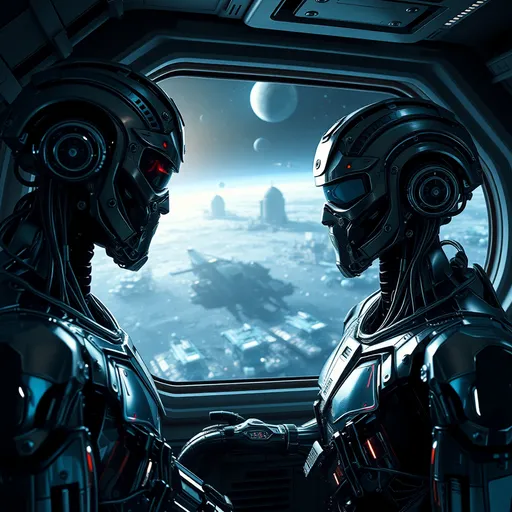 Prompt: Score_9, UHD Photo-quality, Hyperrealistic image of  two super advanced quantum technology liquid alloy metal combat Cyborgs with glowing eyes, positronic brains, and other biotechnological updates and sensors looking out of a space ship at celestial bodies and the floating space wreckage of a massive space battle with advanced technology in the background, Beeple, les automatistes, robots, cyberpunk art, innovative, new perspective, futuristic, Carl Sagan's Dream,