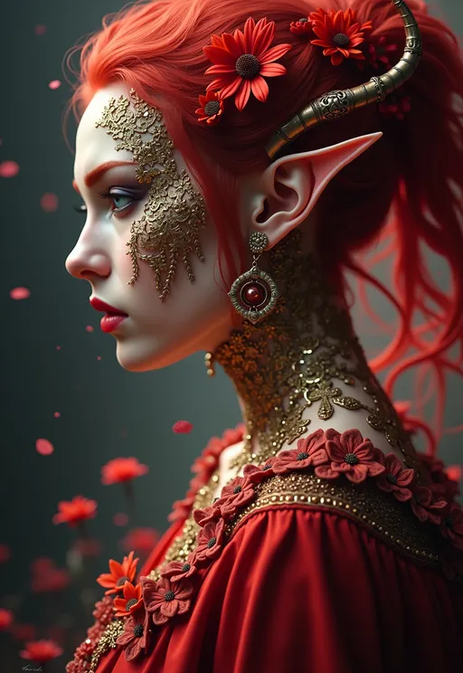 Prompt: UHD Digital Art, Mystery & Magic, Mythology, Fantasy Art, (woman with red hair), (red dress),  (elf ears) adorned with (gold and red flowers on face), intricate (red flowers on head), a blend of (dark fantasy art) and (cyberpunk aesthetics), vibrant colors, moody lighting, intricate details, celestial elements in the background, contrasting shadows, surreal ambiance, (highly detailed), (fantasy style), reminiscent of Anne Stokes' artwork, ethereal atmosphere.