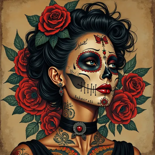 Prompt: In the style of Syd mead, Gil Elvgren, Norman Rockwell, tattooed skull with vintage 50s art, background of tattoo parlor, goth, sugar skull, beautiful female, black roses, vintage, sharp details, masterpiece, best quality, highly detailed, sharp focus, dynamic lighting, dark colors, texture detail, contest winner, ultra detailed,OverallDetail, swirling ink