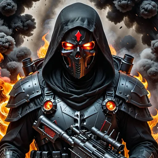 Prompt: (Soldier/Assasin with a skull face and scarlet glowing fire for eyes), dark hood, long black blowing cloak, detailed & intricate looking ultra black carbon fiber armor, gripping a massive futuristic gatling-style machine gun (like a future version of a M134 Minigun), huge ammunition feeders to a backpack full of ammo, futuristic battlefield, (dramatic lighting), (high contrast shadows), smoke rising in the background, scattered futuristic debris, an atmosphere of tension and chaos, (cinematic quality), ultra-detailed, dynamic composition, emphasizing a grim and foreboding mood.