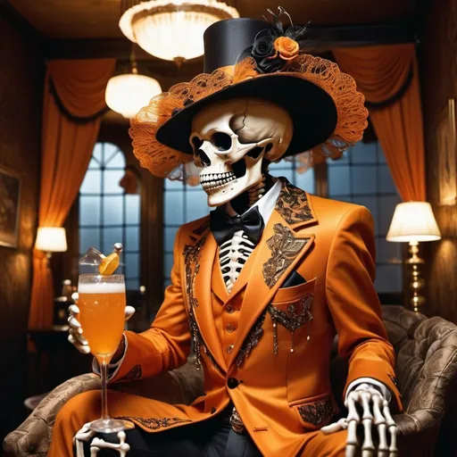 Prompt: Large scary-looking skeleton in an ill-fitting gaudy 1970s pimp suit, drinking champagne, eerie skeletal features, spooky atmosphere, high contrast, intricate details, horror, vintage style, vibrant orange tones, dramatic lighting