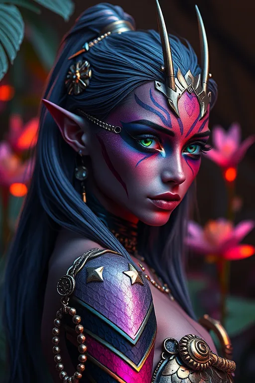 Prompt: HD Photorealistic, Hyperrealistic, 8k image or A powerful female futuristic viking warrior, that is  truly stunning, goddess of beauty, breathtakingly beautiful woman with bright crimson, fuchsia,  and iridescent purple striped skin, as well as  subtly scaled  skin (with gold highlights) , slightly metallic and luminous, elven pointed ears and multiple bionic or cyborg enhancements  with flowing indigo hair that catches the light in the most mesmerizing way. Her piercing emerald green eyes radiate an ethereal glow. She stands gracefully in an otherworldly alien forest,  with poise and grace of a dancer, with the strength and power of a ninja, nible as a cate with the same feline grace. surrounded by never-seen-before plants that glow softly in vivid, fantastical colors. Her skin appears shiny and radiant, like polished metal, reflecting the unique lighting of the alien atmosphere. The scene is hyper-realistic, with dramatic lighting and striking contrasts. Her facial features are complex, detailed, and elegant, exuding a sense of playful mystery. She stands in a dynamic pose, her body language confident yet gentle, as she interacts with her enchanting environment. The atmosphere is mesmerizing, with vivid colors, intricate details, and an overall presentation that feels magical and otherworldly. Her beauty is ethereal, captivating, and otherworldly, full of charm without being overt, radiating an unearthly allure that complements the fantastical scene around her.