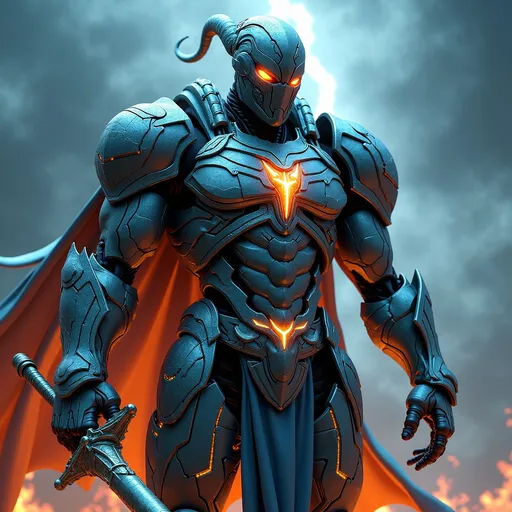 Prompt: A formidable warrior cyborg, Battle scars and marks of past villainy, now overlaid with symbols of heroism and snakes, representing rebirth and transformation.  embodying both a superhero and a redeemed former villain, exuding an aura of power and redemption.   Standing heroically amidst a stormy battlefield, with lightning illuminating the fractal designs on the armor. The character, adorned with intricately designed armor that features a hybrid of Damascus steel and fractal art patterns, stands poised for battle. The armor's fractal designs shimmer with a mystical energy, merging beautifully with the Damascus steel’s distinctive water-like patterns. His/her piercing snake-like eyes reflect an intense and focused determination. Snakes are an integral part of his/her design, with serpent tattoos coiling around muscular arms and legs, and snake motifs etched into the armor and weaponry. A massive, fractal-designed sword or staff with Damascus steel accents adds to the character's menacing and heroic presence. The overall image is ultra-high definition, with sharp focus on the intricate details, natural lighting, and realistic textures, ensuring the art is neither anime nor comic book style.