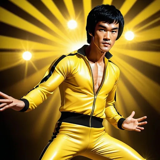 Prompt:  Bruce Lee in his famous yellow and black track suit, vibrant yellow and black colors, dazzling sequins reflecting light, dynamic disco pose, groovy motion, psychedelic atmosphere, bright, colorful disco lights in the background, ultra-detailed, capturing the energetic vibe of a disco club, high contrast, dramatic, playful and cheeky tone, bold aesthetics, retro flair.