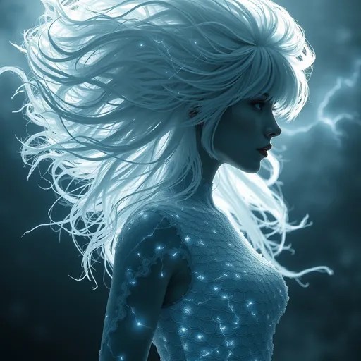 Prompt: Silhouette Art, magnificent. female air elemental, long white hair made from clouds, bangs, pulsing with gusts of wind and white electrical energy, subtle white iridescent scales covering her body,   Create a hyper-realistic scene in 8K resolution with intricate, lifelike textures and fine details. The composition is rendered with photorealistic quality, using advanced lighting, shadows, and reflections to emphasize realism. Every element, from the subject to the background, is crafted with meticulous attention to detail, capturing natural depth, accurate proportions, and true-to-life materials. The atmosphere is immersive and visually arresting, highlighting realistic textures, subtle nuances, and dynamic elements like natural light or motion. The overall effect should feel stunningly lifelike, evoking realism in every aspect.Unreal Engine, photorealistic, hyperrealistic, and visually arresting. Rendered in 8K, hyperrealistic, with fine intricate details.