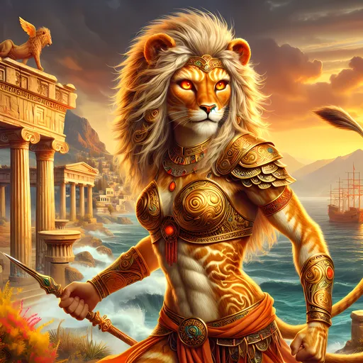 Prompt: Female hyper-realistic illustration of a female anthro-Nemean Lion warrior character, fangs bared, Bright scarlet glowing eyes, designed as an Amazon huntress. She is a fierce incarnation of Artemis, Traditional Classical Greek Women's clothing  Glowing red eyes. This character is a human-Nemean  Lion hybrid with stunning, enchanting beauty. Her body is covered in silky, shiny, and intricately patterned  fur. Her hands are clawed, and her overall build is muscular, athletic and strong, perfectly sculpted for agility and power.  She is the ultimate apex predator.   Her yes glow a very bright scarlet red.

The character should exude a powerful presence with captivating eyes, detailed expressions, and a dynamic pose that reflects her warrior status. The background should be vibrant greek seascapes, featuring vibrant ocean scenes with ancient Classsical Greek ruins. The atmosphere should be warm-toned and evocative, bringing out the fantasy aspect of the scene.

Intricate patterns on her lush Golden fur and clothing should highlight her Greek heritage, while the overall composition should include ultra-detailed textures and vibrant colors to make her stand out. The scene should be reminiscent of a Dungeons & Dragons-inspired fantasy world, complete with vivid and enchanting details that draw the viewer into this mythical setting