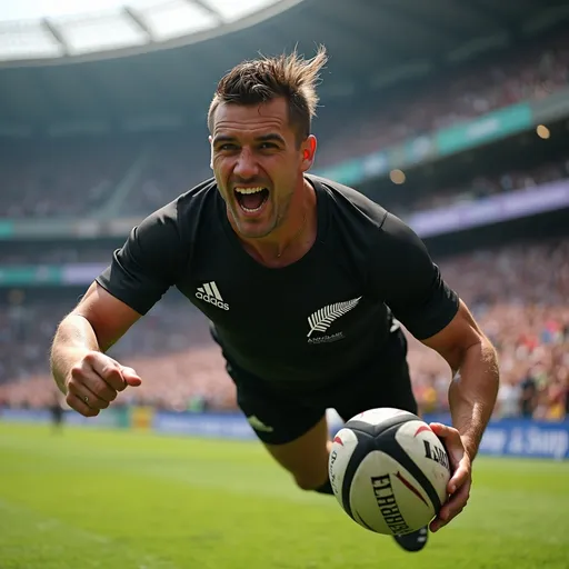 Prompt: photorealistic, (vibrant colors), hyper-realistic, UHD, photo-quality, dynamic action, Rugby Player from New Zealand, (intense focus), scoring a try, detailed facial expression, athletic build, stadium atmosphere, cheering crowd, sunlight casting shadows, grass field texture, sporting gear visible, captured in the moment of triumph.