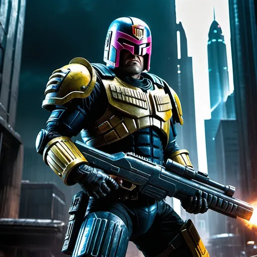 Prompt: (powerfully built Judge Dredd holding a massive futuristic shotgun), (grizzled), menacing, powerful, (dramatic lighting), (high contrast), vibrant neon blues and dark metallic grays, intimidating urban backdrop, apocalyptic metropolis with towering buildings, futuristic, dirty and gritty streets, HD, ultra-detailed, cinematic, authoritative atmosphere, intense, hyper-realism, intricate textures, dynamic pose.