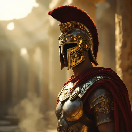 Prompt: 35mm film-still aesthetic, 
in the style of ckfa, Hyperdetailed 35mm film-still of an ancient faceless android roman emporer, white, red and gold accents,
the text: ("veni vidi vici") is engraved in intricate golden roman letters on his helmet,
subtle grain
