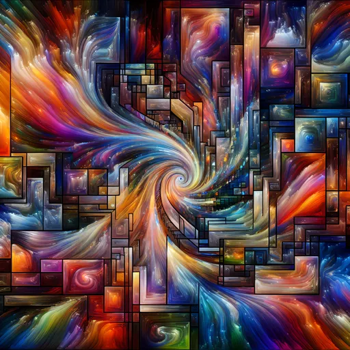 Prompt: (abstract art) MC Escher meets Jackson Pollock, intertwining (sacred geometry) and (quantum mechanics depicted), vibrant colors swirling in a dynamic composition, vivid hues creating a sense of motion, intricate patterns layered upon one another, high-definition details capturing the essence of both artists, immersive ambiance, visually captivating, (4K) ultra-detailed, glassy and metallic surfaces balanced with rough or more ethereal components,  surreal atmosphere that stimulates the imagination through vivid contrasts.