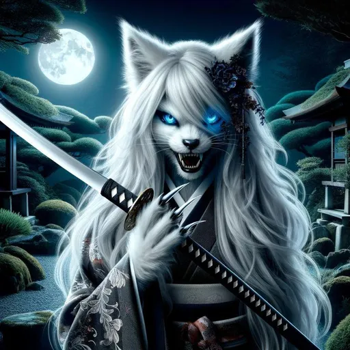 Prompt: User
Hyperrealistic half-transformed female goth kitsune assassin in a zen garden at night holding a katana partially shrouded in shadow, angrily peers with glowing blue eyes, silky white fur, long flowing hair flowing around her, sharp long nails in traditional geisha garb