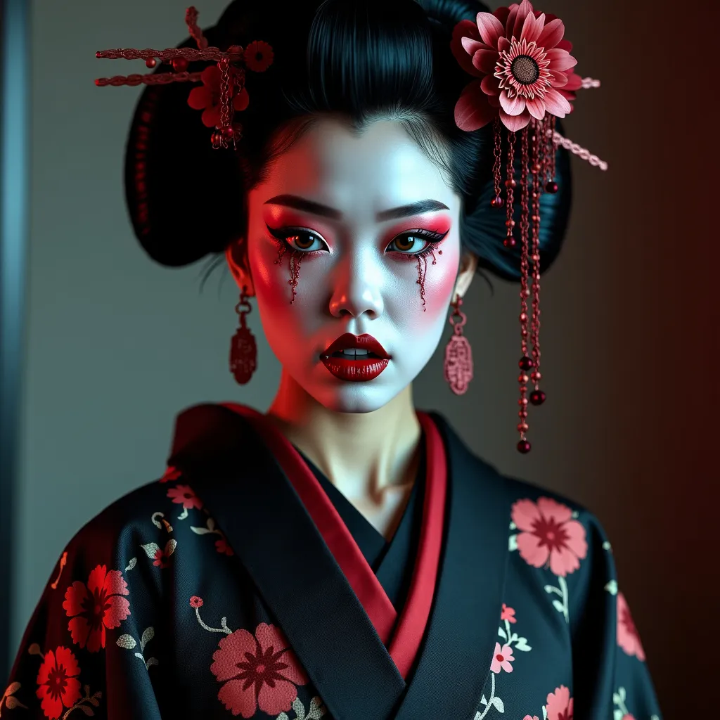 Prompt: (A goth geisha vampire covered with Yakuza Tattoos), intricate makeup, dramatic fangs, traditional kimono with dark floral patterns, incredible detailing on clothes, perfect make-up, sharp fangs over blood red lips.  contrasting with lace elements, haunting ambiance, shadows reflecting cold moonlight, mysterious surgical precision in fabric details, mystical aura exuding sensuality, lush dark red and black tones, (ultra-detailed), (4K), dark, terrifying yet enchanting and chilling atmosphere, courtly surroundings filled with ethereal allure.