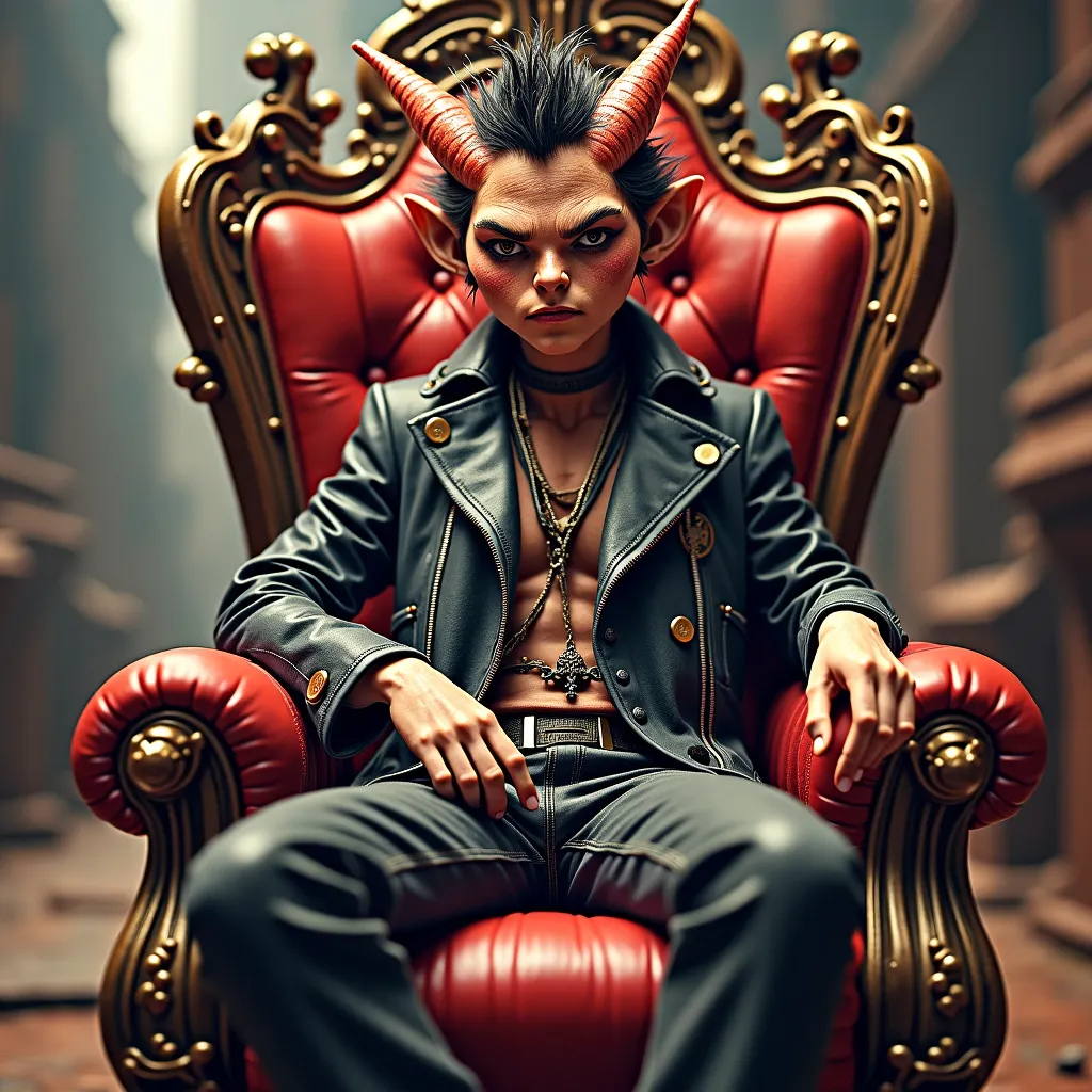 Prompt: goblin king sitting on a throne, make the theme 1980's Punk and Urban Decay  and give the king an Punk Rocker fae look. Style his face on Shane MacGowan