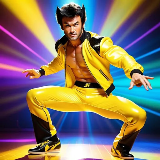 Prompt: Wolverine in the Yellow and Black Bruce Lee track suit, vibrant yellow and black colors, dazzling sequins reflecting light, dynamic disco pose, groovy motion, psychedelic atmosphere, bright, colorful disco lights in the background, ultra-detailed, capturing the energetic vibe of a disco club, high contrast, dramatic, playful and cheeky tone, bold aesthetics, retro flair.