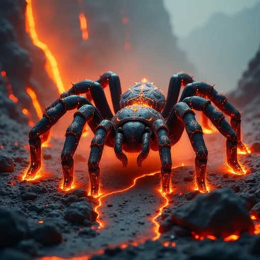 Prompt: A majestic tarantula made entirely of molten lava, its glowing, ember-like body crackling with fiery energy, and trails of smoke rising from its molten legs. Each step leaves a trail of cooled basalt rock as it walks across a field of lava, the glowing molten surface hardening into intricate, textured patterns of black stone. The tarantula’s body radiates an intense, magical heat, with veins of magma glowing through its shell and flickering embers swirling around it. The scene is illuminated by the fiery glow of the surrounding molten landscape, with streams of lava cascading in the background. The atmosphere is both awe-inspiring and mysterious, blending high fantasy with the raw power of nature. Celestial light pierces the smoky air, casting dramatic highlights and shadows that emphasize the tarantula's intricate details. The overall aesthetic is painterly and ethereal, with vibrant oranges, reds, and deep blacks creating a visually stunning fantasy composition, perfect for cover art. The tarantula embodies a sense of strength, mystery, and otherworldly beauty