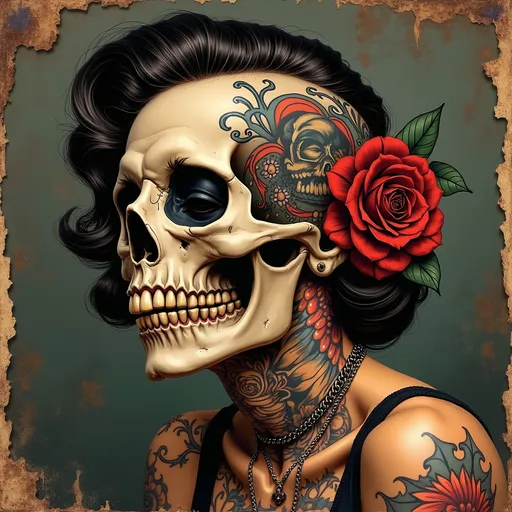 Prompt: In the style of Syd mead, Gil Elvgren, Norman Rockwell, tattooed skull with vintage 50s art, background of tattoo parlor, goth, vintage, sharp details, masterpiece, best quality, highly detailed, sharp focus, dynamic lighting, dark colors, texture detail, contest winner, ultra detailed,OverallDetail, swirling ink