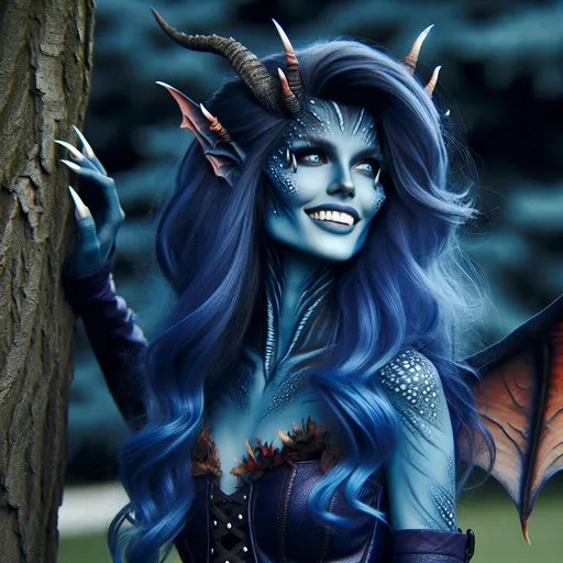 Prompt: A stunningly beautiful,  dark blue-skinned, female alien that resembles a human. She has long bright blue hair. Her face is pretty and she has small horns coming from her head. She has blue skin and gills in her neck and wings on her back like a bat. She is leaning against a tree with her chest puffed out, perfect body, perfect teeth, wry smile, small fangs