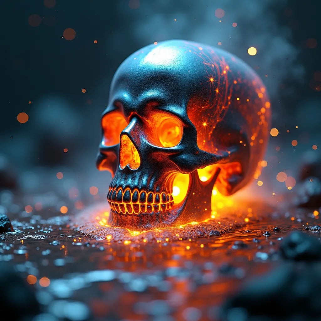 Prompt: A close-up photorealistic image of a Radiant Shiny Chromium Crystal floating skull (facing the viewer with its mouth open) erupting from a molten liquid resembling the universe filled with rich stars and swirling galaxies. A simple void background enhances the dark atmosphere, shrouded in fog, capturing the hypnotic flow and shimmer of the cosmic liquid