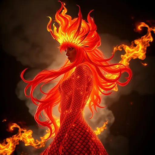 Prompt: Silhouette Art, magnificent. female fire elemental, long red hair made from flames and smoke, bangs, pulsing with flames and yellow electrical energy, subtle red iridescent scales covering her body,   Create a hyper-realistic scene in 8K resolution with intricate, lifelike textures and fine details. The composition is rendered with photorealistic quality, using advanced lighting, shadows, and reflections to emphasize realism. Every element, from the subject to the background, is crafted with meticulous attention to detail, capturing natural depth, accurate proportions, and true-to-life materials. The atmosphere is immersive and visually arresting, highlighting realistic textures, subtle nuances, and dynamic elements like natural light or motion. The overall effect should feel stunningly lifelike, evoking realism in every aspect.Unreal Engine, photorealistic, hyperrealistic, and visually arresting. Rendered in 8K, hyperrealistic, with fine intricate details.