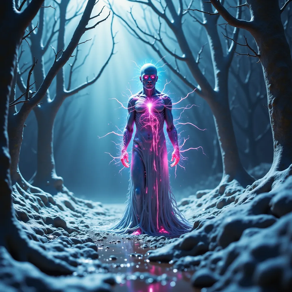 Prompt: Ultra-detailed, hyper-realistic, meticulously rendered scene with 8K PBR textures. (HD, masterpiece, best quality, ultra detailed), Standing in a frozen dead forest, crumbled and haunted.    traces of frozen blood are all over the clothes and face frozen blood, a vampire made out of fr0stwrld, snow, Hoth, cold ice and snow, ice, add-detail-   Cinematic Octane render (Unreal Engine 5), with ray-traced/path-traced lighting and volumetric effects. Deep chiaroscuro contrasts and prismatic subsurface scattering intensify the otherworldly cosmic mysticism of the scene.
