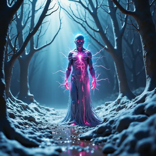 Prompt: Ultra-detailed, hyper-realistic, meticulously rendered scene with 8K PBR textures. (HD, masterpiece, best quality, ultra detailed), Standing in a frozen dead forest, crumbled and haunted.    traces of frozen blood are all over the clothes and face frozen blood, a vampire made out of fr0stwrld, snow, Hoth, cold ice and snow, ice, add-detail-   Cinematic Octane render (Unreal Engine 5), with ray-traced/path-traced lighting and volumetric effects. Deep chiaroscuro contrasts and prismatic subsurface scattering intensify the otherworldly cosmic mysticism of the scene.