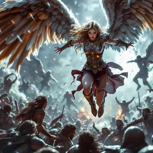 Prompt: Winged Valkyrie descending from the sky, brilliant burst of light illuminating the scene, battlefield filled with struggling warriors, cool color scheme, photorealistic style, eye-level full shot, soft focus, hyperrealistic details, intricate features, amazing depth, stunning composition, atmospheric lighting, masterful execution, high definition, dynamic and imposing presence, capturing an epic moment of battle.