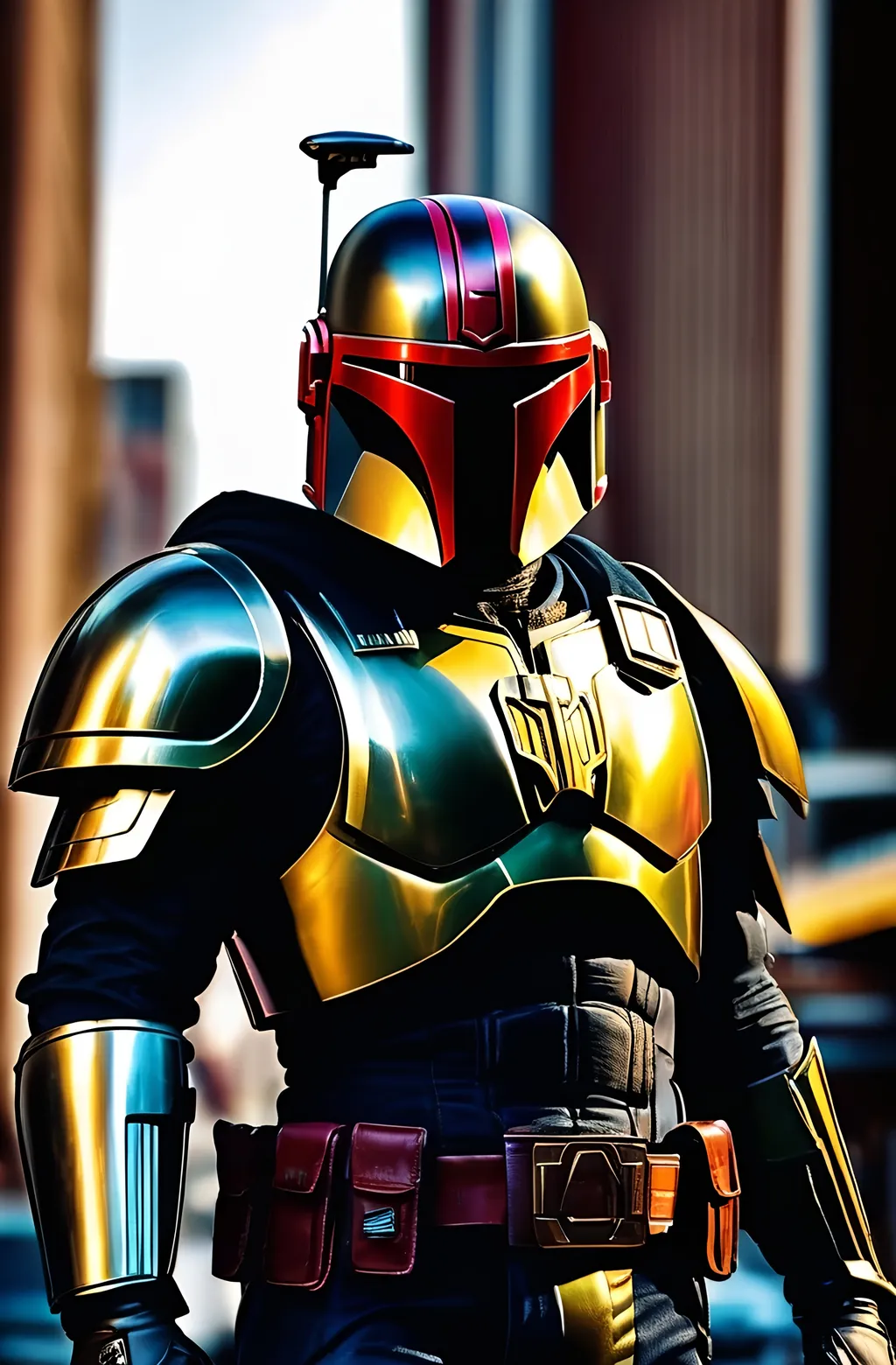 Prompt: (Judge Dredd Mandalorian)  dynamic pose, blend iconic judge dredd helmet with Mandalorian helmet, Judge Dredd badge on chest, golden eagles for shoulder pauldrons, blend the armor of the two characters, blending elements of both characters, dark and mysterious ambiance, cool tones, sleek textures, high detail, dramatic shadows, futuristic cityscape background, moody lighting, enhanced visual contrast, 4K quality, emphasizing strength and fearlessness, epic superhero vibe.