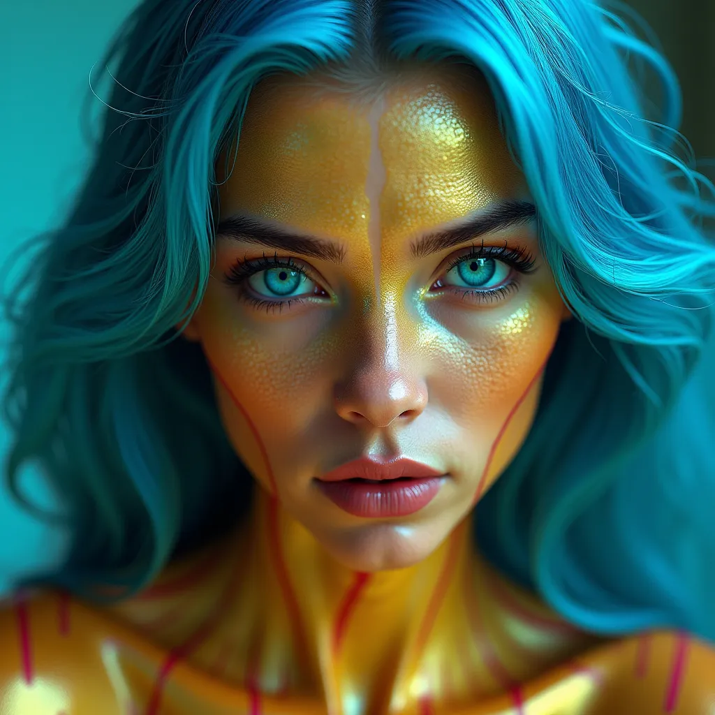 Prompt: (glamorous woman with yellow, red striped skin), flowing iridescent blue hair, piercing cerulean blue eyes, deep yellow-red striped skin, shiny skin, very subtle scales on the skin, shiny quasi-metallic otherworldly clothing, SFW,  hyper-realistic details, vivid colors, dramatic lighting, striking contrast, complex facial features, dynamic pose, mesmerizing atmosphere, high quality, extremely detailed presentation, ethereal beauty, captivating appeal in composition, flaunting unearthly charm.  Unreal Engine, 8K, Photorealistic, Hyperrealistic, Super High Quality, Fine Intricate Details, Lifelife,