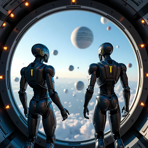 Prompt: Score_9, UHD Photo-quality, Hyperrealistic image of  two super advanced quantum technology liquid alloy metal combat Cyborgs with glowing eyes, positronic brains, and other biotechnological updates and sensors looking out of a space ship at celestial bodies and the floating space wreckage of a massive space battle with advanced technology in the background, Beeple, les automatistes, robots, cyberpunk art, innovative, new perspective, futuristic, Carl Sagan's Dream,