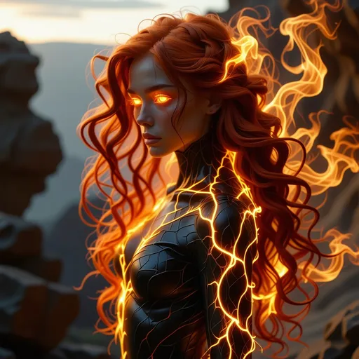 Prompt: Silhouette Art, magnificent. female fire elemental, long red hair made from flames and smoke, bangs, pulsing with flames and yellow electrical energy, subtle red iridescent scales covering her body,   Create a hyper-realistic scene in 8K resolution with intricate, lifelike textures and fine details. The composition is rendered with photorealistic quality, using advanced lighting, shadows, and reflections to emphasize realism. Every element, from the subject to the background, is crafted with meticulous attention to detail, capturing natural depth, accurate proportions, and true-to-life materials. The atmosphere is immersive and visually arresting, highlighting realistic textures, subtle nuances, and dynamic elements like natural light or motion. The overall effect should feel stunningly lifelike, evoking realism in every aspect.Unreal Engine, photorealistic, hyperrealistic, and visually arresting. Rendered in 8K, hyperrealistic, with fine intricate details.