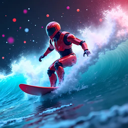 Prompt: Photorealistic image of a robot surfer, masterfully riding on waves of quantum foam, with quarks and neutrinos swirling dynamically around, capturing the essence of motion and energy. Bright neon colors, futuristic aesthetic, ultra-detailed 3D Art, vibrant digital art style, with a mesmerizing high-definition finish, creating an immersive and captivating atmosphere.