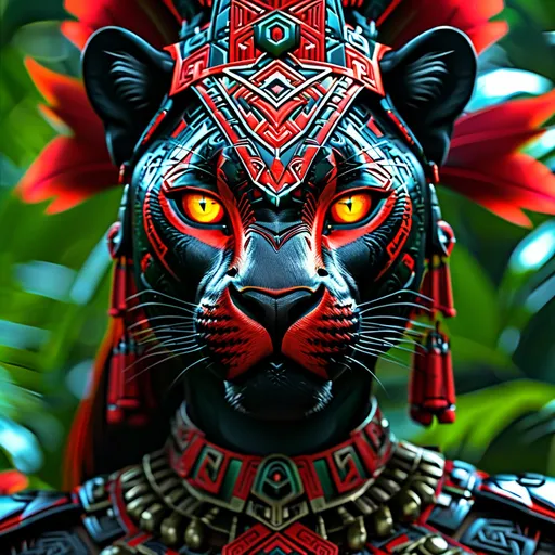 Prompt: (Black Jaguar Female Anthropomorphic Warrior, Powerfully Muscled,  Lean, Athletic, Apex Predator, glowing amulet, adorned in intricate Mayan warrior , (red glowing eyes) gleaming in the sunlight, showcasing highly detailed Mayan Warrior Garb, . wide angle composition amid a lush jungle background filled with vibrant greenery and dappled light, enhancing the mood of mystery. (8K ultra realistic), (photorealistic), employing sophisticated photography lighting techniques, (reflection mapping), capturing every detail in this cinematic masterpiece.