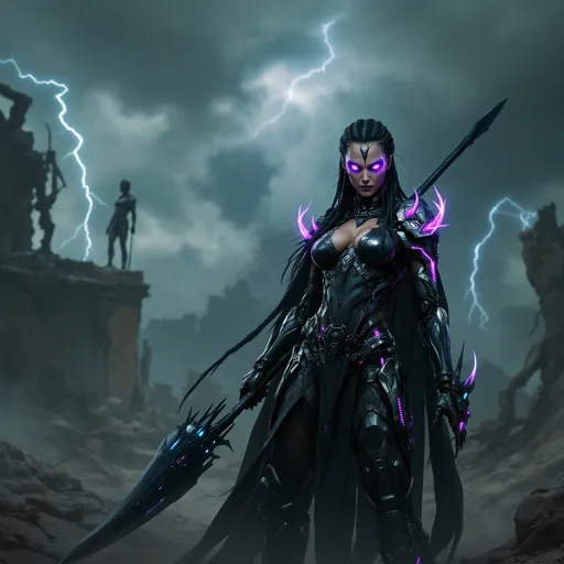 Prompt: Fallen Amazon queen infused with biomechanical enhancements, cyberpunk warrior goddess, glowing violet cybernetic eyes, dark braided hair with neon strands, sharp angular facial features, black and chrome biomech armor with glowing circuits, jagged energy spear, furious expression, standing in a ruined neon-drenched wasteland, twisted tech flora, cracked concrete underfoot, stormy sky with glitch clouds and electric lightning, cinematic lighting, wide-shot, digital art, high detail, dystopian cyber-fantasy style, concept art