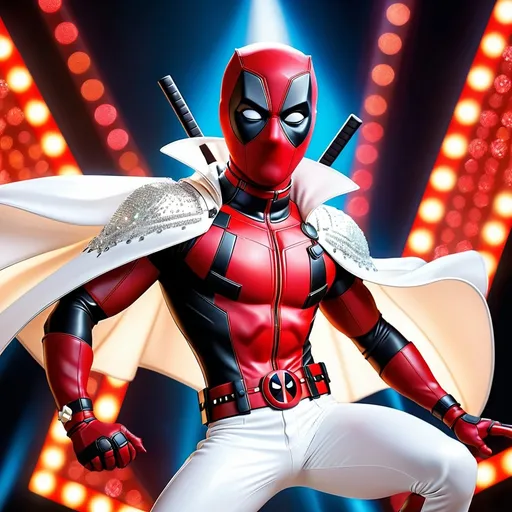 Prompt: (Deadpool in Elvis' White Rhinestone Jumpsuit), (half cape), dynamic pose, vibrant colors, iconic costume design, flashy rhinestones sparkling, contrasting black and red, striking glint in eyes, energetic atmosphere, dramatic stage lights in background, high-energy vibe, ultra-detailed, cinematic execution, pop culture mash-up, strikingly unique character juxtaposition.