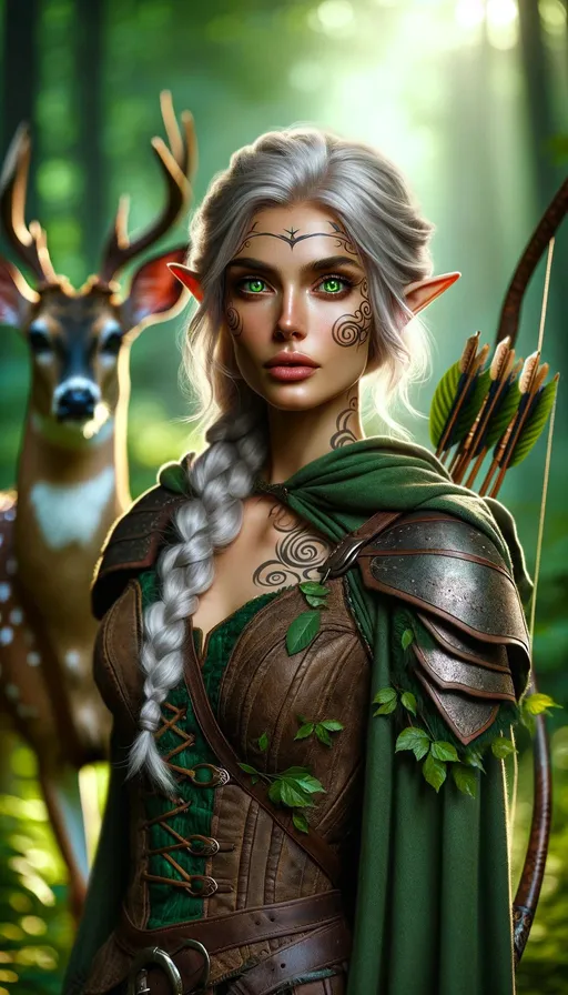 Prompt: Picture a stunning elven female, 27 years old, with pointed ears and skin the color of fresh, vibrant leaves. Her athletic and slender figure is accentuated by forest-colored armor, simple yet elegant. Her long silver hair is styled in a loose braid, and her face features a few swirling tattoos on her high cheekbones. She exudes quiet confidence, her bright green eyes alert and a slight, knowing smile on her lips. In her hand, she holds a simple alder bow, indicative of her skill as a Ranger. She stands in a verdant hardwood forest, sunlight filtering through the canopy. Riding a large buck with a basic, yet functional saddle, she is accompanied by a single black mastiff, its silver collar glinting in the light. This scene is inspired by John Flanagan's 'Ranger's Apprentice' and 'Royal Ranger' series, embodying the essence of a ranger with unique, individual elements