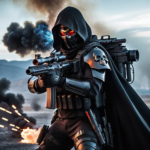 Prompt: (Soldier/Assasin with a skull face and scarlet glowing fire for eyes), dark hood, long black blowing cloak, detailed & intricate looking ultra black carbon fiber armor, gripping a massive futuristic gatling-style machine gun (like a future version of a M134 Minigun), huge ammunition feeders to a backpack full of ammo, futuristic battlefield, (dramatic lighting), (high contrast shadows), smoke rising in the background, scattered futuristic debris, an atmosphere of tension and chaos, (cinematic quality), ultra-detailed, dynamic composition, emphasizing a grim and foreboding mood.