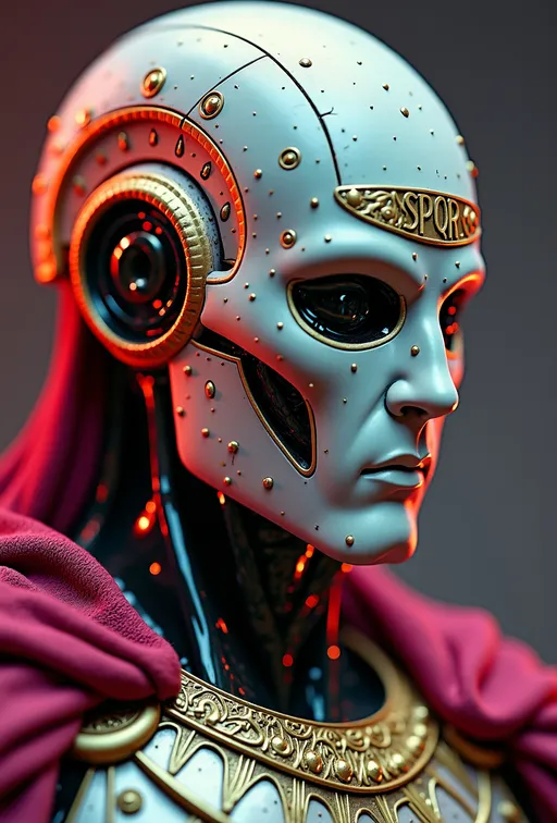 Prompt: A hyper-detailed 35mm film-still captures an ancient faceless android Roman emperor, standing in a futuristic setting filled with vibrant colors of purple, red, and gold. The atmosphere is charged with a sleek, metallic ambience, enhanced by flickering neon lights reflecting off the chrome surfaces. The emperor is poised regally atop a marble pedestal, his helmet adorned with ornate engravings that gleam softly under atmospheric lighting. The intricate golden letters spelling "SPQR" shimmer against the rich textures of his robotic features, devoid of facial expression yet exuding an aura of power and mystery. Subtle grain adds a nostalgic film quality, blending the ancient with the futuristic, as an otherworldly mist weaves through the scene, accentuating the dramatic ambiance.