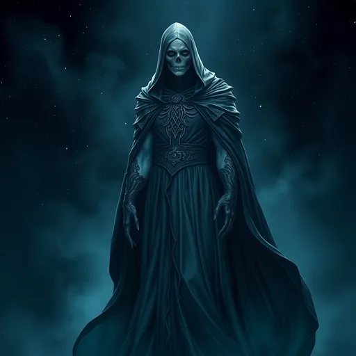 Prompt: (interpretation of Death from Marvel Comics), characterized by intricate details and dramatic posture, dressed in a flowing, ethereal robe, hauntingly elegant presence, shadowy ambiance, captivating gaze, set against a dark celestial background, starry sky, shrouded in mist, high contrast lighting, eerie yet captivating atmosphere, ultra-detailed, 4K quality.