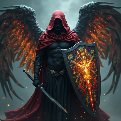 Prompt: Mysterious angel with flowing black robes and a billowy red hoodie,  Face made of blackness and stars, standing resolute in a defensive pose, with an epic shield that shimmers and glows with an otherworldly aura  its surface comprised of intricate, magical, and colorful iridescent fractal stained glass, reminiscent of the dreamlike artistry of Roger Dean and the vibrant colors of Syd Mead, and a black scimitar made of glowing Damascus steel, set against a dramatic, cinematic background with deep chiaroscuro contrasts, and rich subsurface scattering, evoking the fantastical, high-fantasy worlds ofcover artist, Michael Whelan, in a bold, dynamic, and detailed digital art style with a mix of realism and fantasy elements