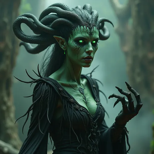 Prompt: An UHD photo-quality full-body image of Megaera, the Fury of Jealousy, in hyper-realistic 8K detail. Megaera is depicted as a wrathful yet mesmerizingly sinister figure, her gaunt but striking face exuding malice and envy. Her ashen, weathered skin is veined with faint green and black patterns, glowing like a corrupted web of energy. Her eyes burn with a venomous green light, narrow and piercing, reflecting her eternal role as the punisher of jealousy and infidelity. Her hair is a writhing, tangled mass of serpents, their scales glimmering faintly, hissing and snapping with malevolent energy.

Megaera’s upper body is lithe yet muscular, wrapped in tattered, smoke-like black robes that seem to shift and move unnaturally, as though alive with her rage. Her talon-like hands are elongated and sharp, blackened as if charred, dripping with a faint glowing ichor that corrodes the air around it. Her torso bears faintly etched patterns of ancient curses, glowing intermittently as her fury surges.

Her massive, bat-like wings are torn and jagged, each stroke of the wings emitting glowing green sparks and wisps of shadowy mist. Her lower body is shrouded in shifting black smoke, obscuring the ground as she floats above it, her form flickering between corporeal and ethereal.

Megaera stands on a fiery battlefield littered with the remnants of the jealous and unfaithful. The cracked, molten ground glows beneath her, with pools of green, bubbling acid marking her victims’ tortured ends. The background is a stormy chaos of red and green lightning, shadowy figures screaming in the distance, and crumbling ruins of broken oaths. The lighting highlights every intricate texture, from the glimmering scales of her serpents to the jagged tears in her wings. This hyper-realistic image captures the vengeful, jealous wrath of Megaera, blending horror with beauty.