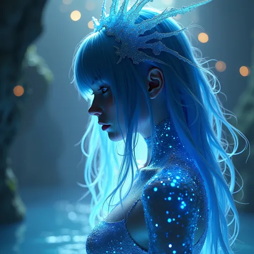 Prompt: Silhouette Art, magnificent. female water elemental, long blue hair, bangs, pulsing with water and blue electrical energy, subtle blue iridescent scales covering her body,   Create a hyper-realistic scene in 8K resolution with intricate, lifelike textures and fine details. The composition is rendered with photorealistic quality, using advanced lighting, shadows, and reflections to emphasize realism. Every element, from the subject to the background, is crafted with meticulous attention to detail, capturing natural depth, accurate proportions, and true-to-life materials. The atmosphere is immersive and visually arresting, highlighting realistic textures, subtle nuances, and dynamic elements like natural light or motion. The overall effect should feel stunningly lifelike, evoking realism in every aspect.Unreal Engine, photorealistic, hyperrealistic, and visually arresting. Rendered in 8K, hyperrealistic, with fine intricate details.