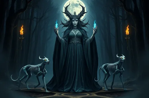 Prompt: An ultra-high-definition, hyper-realistic 8K depiction of Hecate, the Greek goddess of witchcraft, magic, and crossroads. Hecate stands in the center of a moonlit forest at a three-way intersection of forest paths, her presence both terrifying and awe-inspiring. She is depicted with three faces, each gazing in a different direction, symbolizing her ability to see the past, present, and future. Her flowing, dark robes shimmer with faint celestial patterns, blending with the shadows of the forest. Her pale, otherworldly skin glows faintly under the moonlight, and her piercing, luminous eyes radiate an aura of ancient power.

Hecate holds two blazing torches in her hands, their blue flames flickering with an eerie, unnatural blue hue. Skeletal, Ghost-like ethereal, opaque terrifying demon-hounds with yellow glowing eyes stand by her side, their forms blending into the mist swirling at her feet. Around her, faint, glowing sigils and runes hover in the air, casting a mystical light over the scene. The ground at the crossroads is cracked and charred, with small, glowing embers scattered among ancient, weathered stones.

The background is filled with dark, twisted trees, their gnarled branches reaching out like claws. The full moon casts silvery light through the thick mist, illuminating the faint shadows of spirits and lost souls wandering in the distance. The air is thick with mystery and magic, blending the serenity of the night with an undercurrent of danger. Every detail, from the texture of her robes to the spectral light of the torches, is meticulously rendered, creating a stunningly powerful and enigmatic portrayal of Hecate.