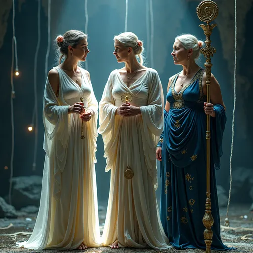 Prompt: An UHD Photoquality Full-body Image of the Three Fates (Moirai) from Greek Mythology, in hyper-realistic 8K detail with stunning, lifelike textures. The Fates stand together in a shadowy chamber filled with glowing threads of destiny that twist and weave through the air, illuminated by faint, ethereal light. Clotho, the spinner, is a hauntingly beautiful young woman with alabaster skin and glowing silver eyes, dressed in flowing robes of shimmering white that glimmer like starlight. She holds a golden spindle in her delicate hands, from which threads of life emerge, glowing faintly with their own inner light.

Lachesis, the measurer, is a middle-aged woman with a stern and calculating expression, her piercing blue eyes reflecting infinite wisdom. She wears robes of deep indigo embroidered with golden patterns of constellations and time. Her hands hold a long, ancient staff engraved with intricate runes, glowing faintly as it measures the threads of life.

Atropos, the cutter, is a gaunt and terrifying crone with hollow, sunken eyes that glow faintly red. Her face is lined with countless wrinkles, each crackling faintly with dark energy. Her robes are tattered and black, blending into the shadows around her. In her bony hands, she holds a massive pair of golden shears, stained with the essence of lives cut short, their blades glinting with an eerie, unnatural light.

The chamber around them is vast and filled with infinite glowing threads, stretching into the darkness. The air hums with the energy of fate, as faint whispers of past, present, and future echo through the space. The lighting captures every intricate texture, from the glimmering threads of destiny to the worn, ancient tools of the Fates. Rendered in ultra-realistic 8K detail, the scene exudes a sense of cosmic inevitability and ancient, unrelenting power.