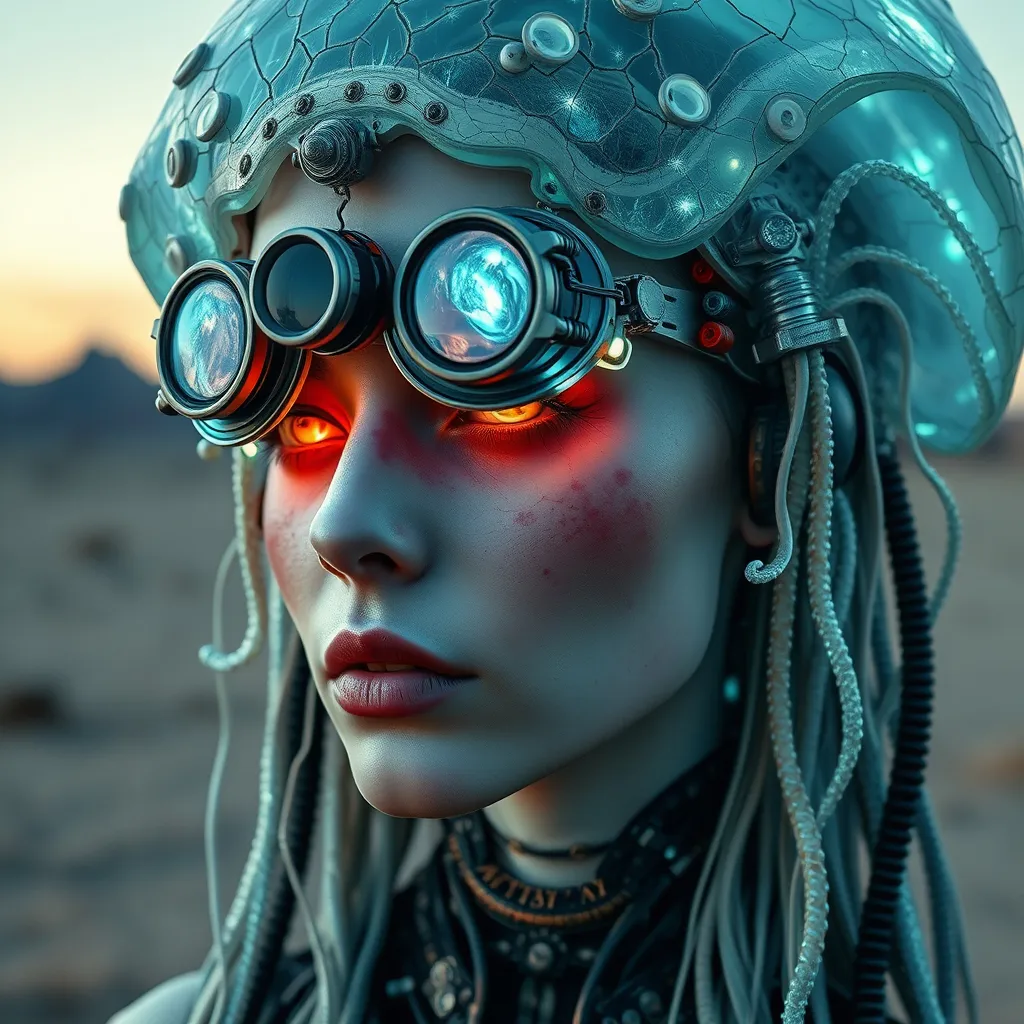 Prompt: An ultra-high-definition image of a Ethereal cyborg woman, bioluminescent jellyfish headdress. Steampunk goggles blend with translucent tentacles. Cracked porcelain skin meets iridescent scales. Mechanical implants and delicate tendrils intertwine. Human features with otherworldly glow. Dreamy aquatic hues contrast weathered metal. Reflective eyes capture unseen worlds. Soft bioluminescence meets harsh desert backdrop. Fusion of organic and synthetic, ancient and futuristic. Hyper-detailed textures, surreal atmosphere., perfect for UHD 4K resolution.