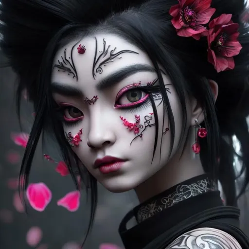 Prompt: wide angle view HD Realistic Photo of a beautiful Asian goth geisha woman, dark black hair, dark red flowers in her hair, tattoos, piercing, lace, and satin, perfect detailed face, detailed symmetric hazel eyes with circular iris, princess eyes, realistic, stunning realistic photograph, 3d render, octane render, intricately detailed, cinematic, trending on art station, Isometric, Centered hyperrealistic cover photo, awesome full color, hand drawn, dark, gritty, 64k, high definition, cinematic, neoprene, portrait featured on unsplash, stylized digital art, smooth, ultra high definition, 8k, unreal engine 5, ultra sharp focus, intricate artwork masterpiece, ominous, epic, trending on artstation, highly detailed, vibrant