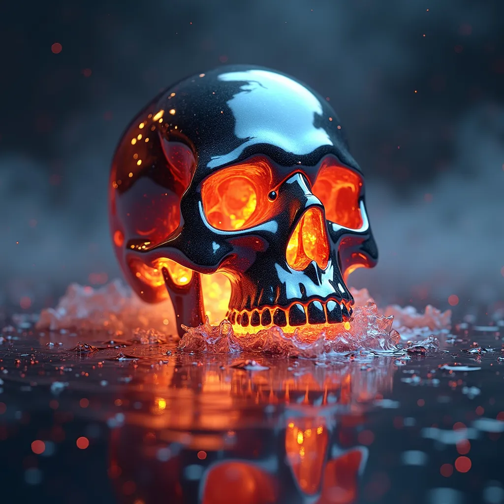 Prompt: A close-up photorealistic image of a Radiant Shiny Chromium Crystal floating skull (facing the viewer with its mouth open) erupting from a molten liquid resembling the universe filled with rich stars and swirling galaxies. A simple void background enhances the dark atmosphere, shrouded in fog, capturing the hypnotic flow and shimmer of the cosmic liquid