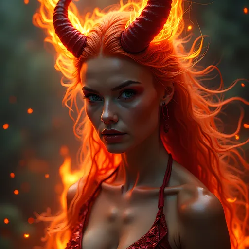 Prompt: A stunningly beautiful woman with fiery hair made of flames, piercing cerulean blue eyes, and sharp demon horns. Her skin is a deep, ethereal mix of red shades—ranging from burgundy to scarlet—striped with subtle scales that shimmer in the light. She wears quasi-metallic, otherworldly clothing that enhances her striking, ethereal presence. The scene is set in an otherworldly, mythological atmosphere, with vibrant colors, high-quality fantasy art, and dramatic lighting. The character's pose is dynamic, her expression captivating, flaunting an unearthly charm. The environment contrasts sharply with her fiery form, adding to the mesmerizing and unreal composition. Rendered in 8K, hyperrealistic, with fine intricate details.